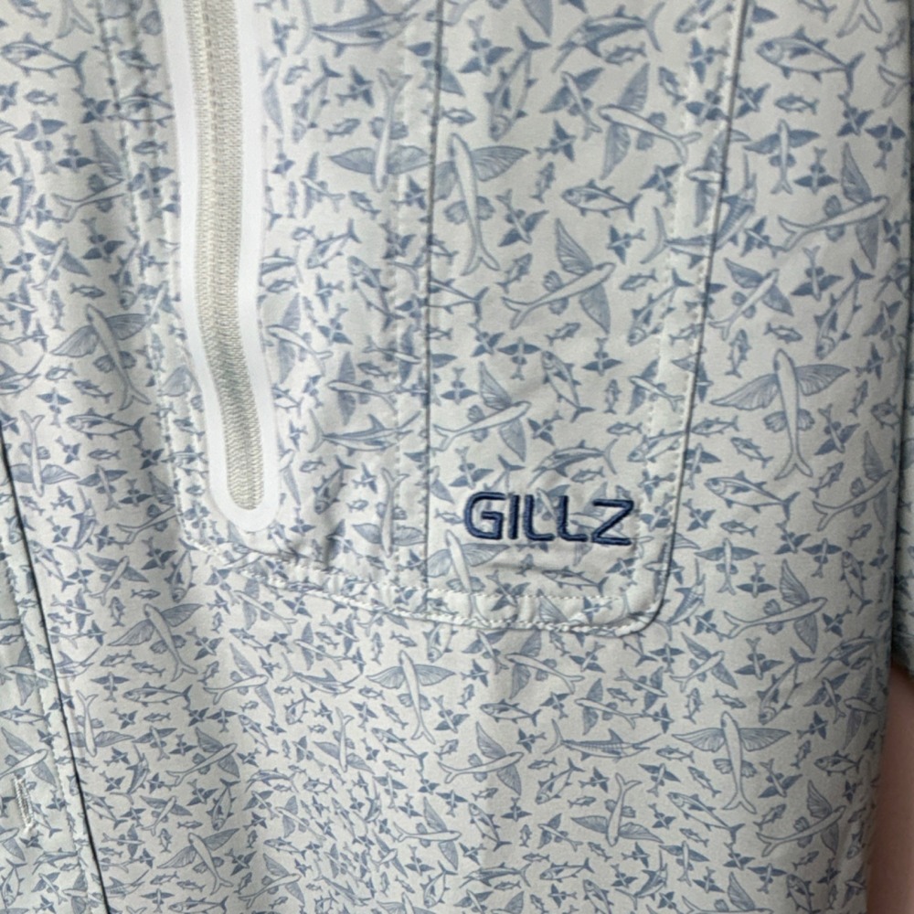 GILLZ Men's Light Blue Fish Pattern Polo Shirt L Zipper Pocket Button Breathable - Picture 2 of 8